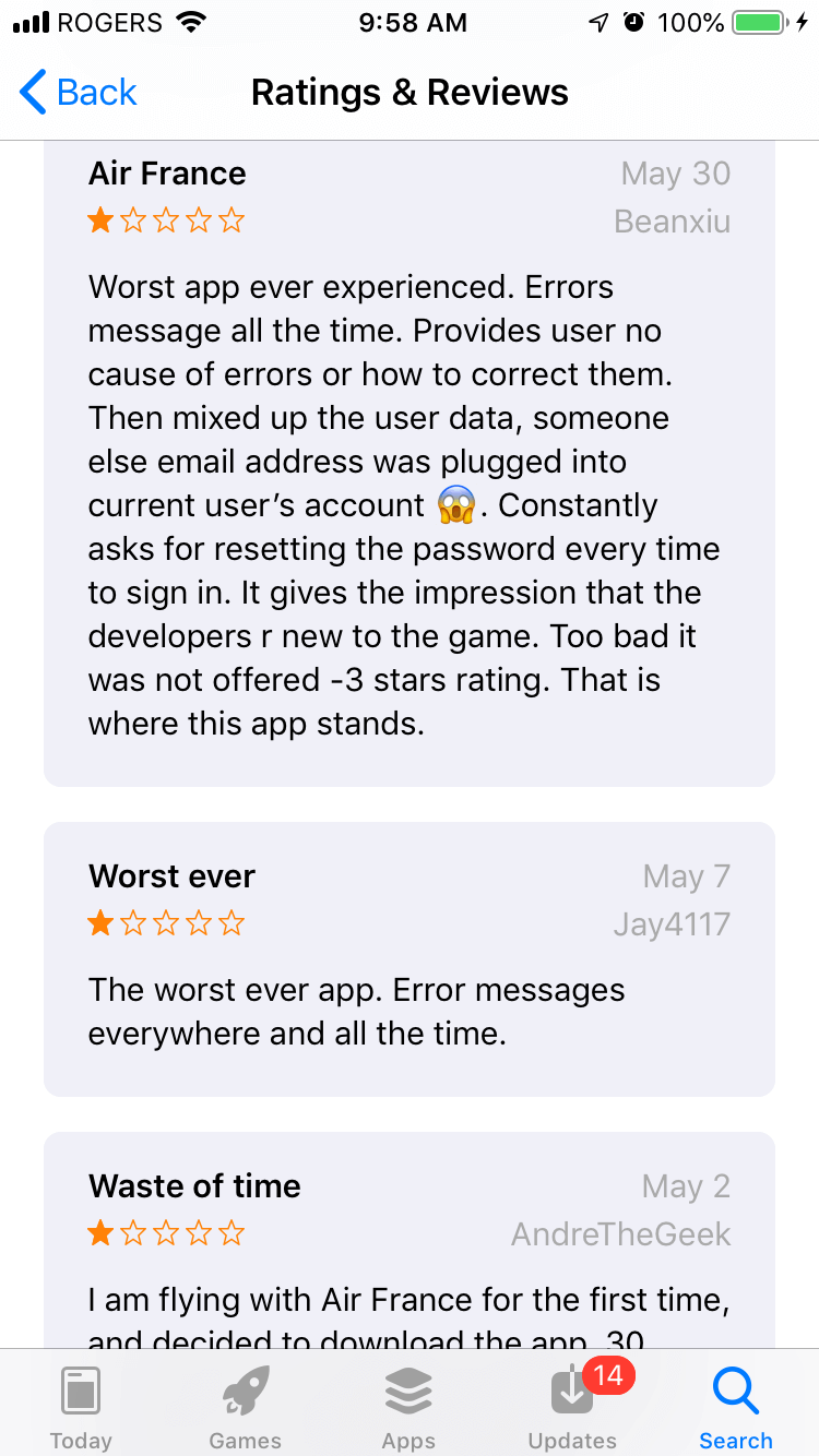 Air France App Complaints